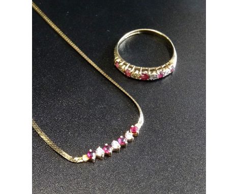 RUBY AND DIAMOND NINE STONE RINGon nine carat gold shank, ring size N; together with a ruby and CZ set fourteen carat gold ne