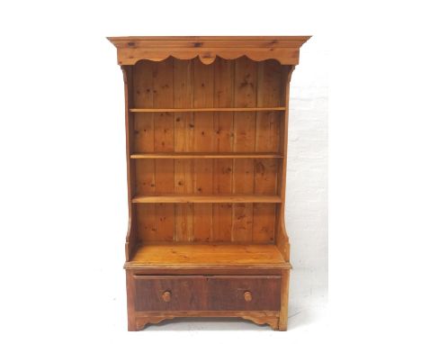 WAXED PINE HIGH BACK CANOPY HALL BENCHthe moulded top above a shaped frieze with an adjustable shelf below, with shaped sides