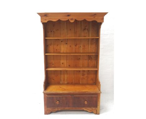 WAXED PINE HIGH BACK CANOPY HALL BENCHthe moulded top above a shaped frieze with an adjustable shelf below, with shaped sides