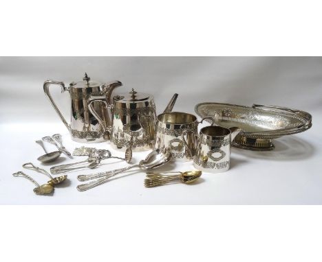 COLLECTION OF SILVER PLATED WARESincludes an Edwardian four piece tea service, cake basket, spirit labels, a large selection 