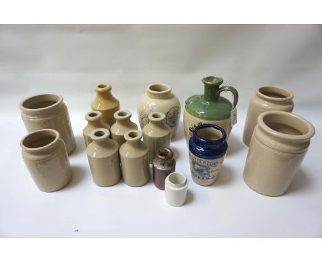 SELECTION OF STONEWARE JARSincluding 'Buttercup Cream', His Excellency Scotch Whisky' and one decorated with bamboo and a tig