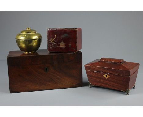 A Collection of Tea Caddies; including a Victorian mahogany tea caddy on decorative metal feet approx 20 x 12 x 12 cms with t