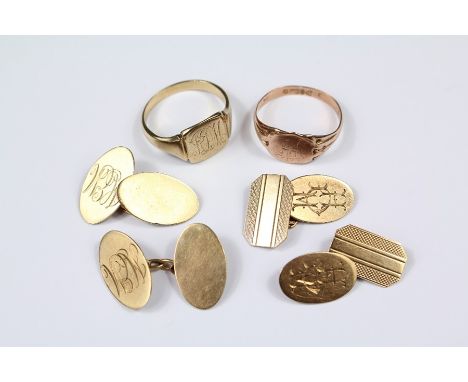 Two Pairs of 9ct Gold Engine-Turned Cufflink's, together with two 9ct gold signet rings, size S, approx 19 gms.