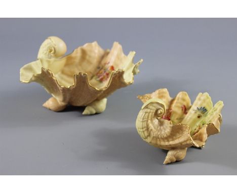 Two Royal Worcester Blush Ware Clam Shells, hand painted with floral spray, approx 20 x 20 for the largest and 14 x 11 cms fo