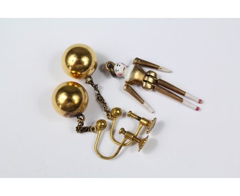 Antique 14ct Gold (tested) and Porcelain Articulated Doll Charm together with a pair of 14ct (tested) antique gold globe drop