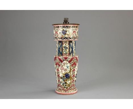 A Hungarian Fischer Budapest Ceramic Lamp Base. The lamp base painted with colourful enamels heightened by gold, approx 40 cm