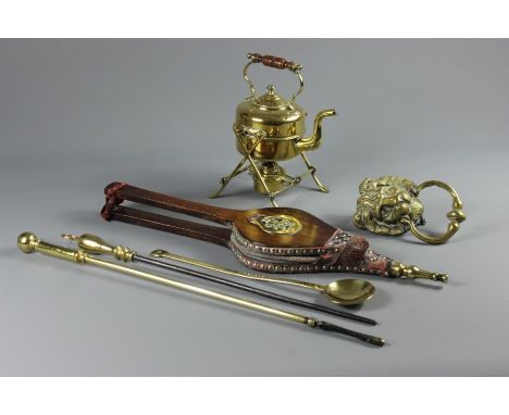 Antique Brass Fire-side Accessories, including fire-irons brass mixing spoon, kettle on stand and brass and oak bellows toget