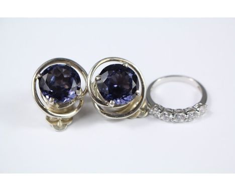 A Pair of Mexican Silver and Amethyst Clip-on Earrings, circular stones approx 13 mm d together with a silver and CZ ring siz