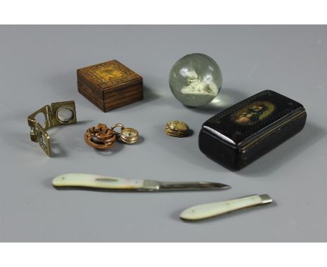 A Gentleman's Lot. This lot includes Tunbridge stamp box, Georgian snuff box, two mother of pearl and silver fruit knives, sc