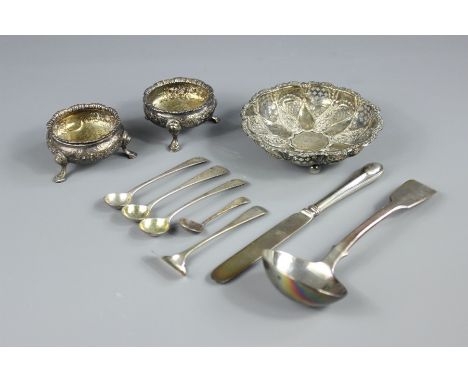 Miscellaneous Silver, including a bon bon dish Chester hallmark, dated 1897, mm JDWD, two George III silver salts, one London