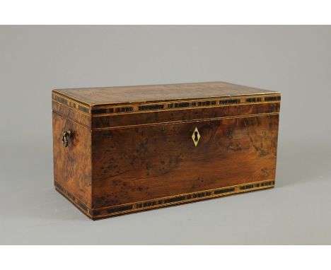 An Inlaid&nbsp;Walnut Tea Caddy; the tea caddy having a central mixing compartment flanked by two tea compartments, handles t