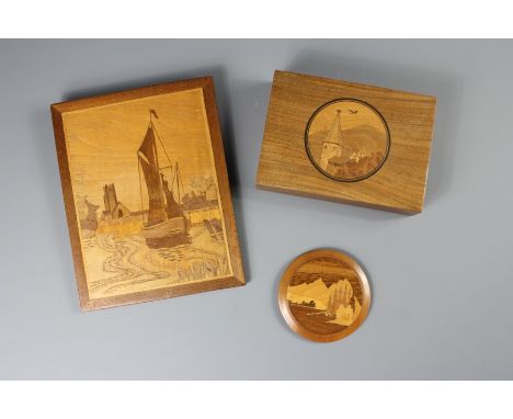 A Collection of Marquetry Work, this lot includes a Canadian scene coaster approx. 12 cms d, Alpine scene trinket box by Ham 