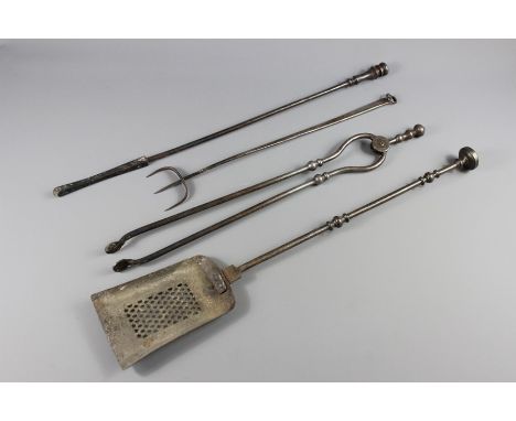 Antique White Metal Fire Irons, including a toasting fork.&nbsp;