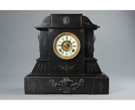 A Large Victorian Black Slate Mantel Clock, the clock having a cream enamel face with Roman dial, brass Ansonia Clock Co New 