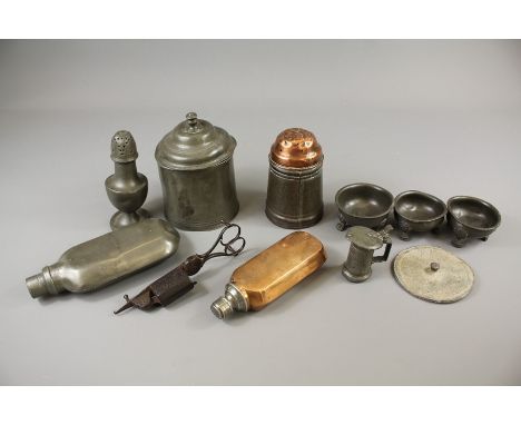 Miscellaneous Copper and Pewter, this lot comprises antique copper hip flask and a caster, together with a pewter and lead to