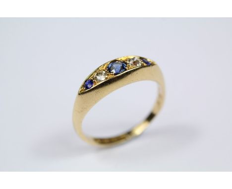 Antique 18ct Yellow Gold Sapphire and Diamond Ring, size M, set with corn-flower blue sapphires, two sapphires measures appro