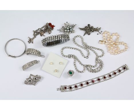 Miscellaneous Diamante Costume Jewellery, including necklace, bangle, faux ruby and diamante necklace, hair-clips, brooch and