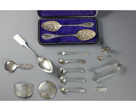 Miscellaneous Silver. This lot comprises Continental silver table spoon, Georgian sugar tongs, three Georgian mustard spoons,