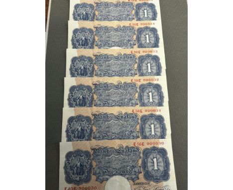 6 One pound notes uncirculated K E Peppiatt 1934-1949 E55E 900030-31-32-33-34-35 Blue/pink 