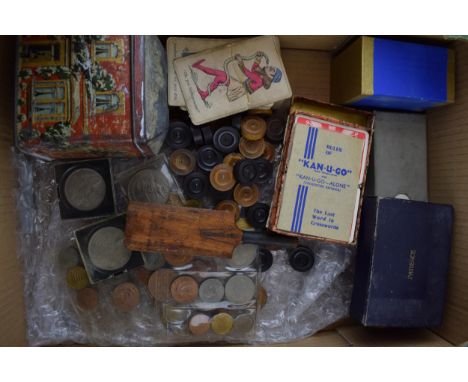 A collection of early plating cards and games together with a quantity of UK coinage, a treen cricket bat, draughts game and 