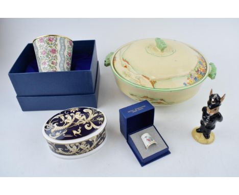 Pottery to include a Royal Doulton Policeman Bunnykins, a Wedgwood Cornucopia trinket, a Halcyon Days enamel beaker, a Royal 