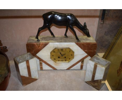 Art Deco garniture clock with cast metal deer to top. Marble case and garnitures. Clock 41cm x 37cm.  Light damage to one of 