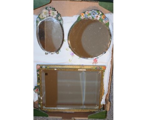A collection of items to include vintage mirrors and hand-embroidered textiles. (Qty) In good vintage condition.