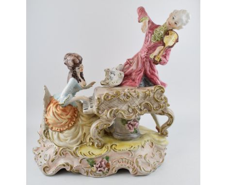 A large Capodimonte pottery figural table lamp tableau of musicians, 45cm wide, collection only.  Generally in good condition