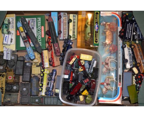 A collection of vintage and contempory die-cast and model vehicles to include railway 00 scale cars and lorries, military veh