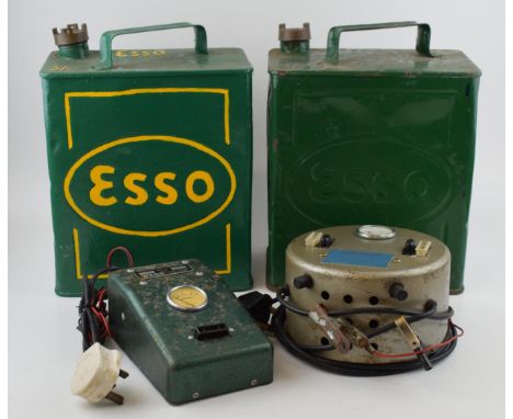 Automobilia to include 2 Esso petrol cans, 1 re-painted, with a pair of vintage battery chargers (4).  