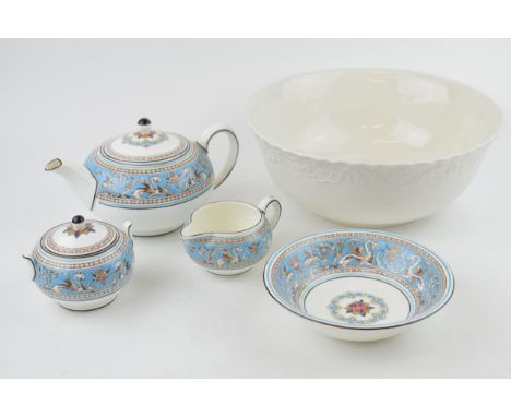 A Wedgwood Florentine teapot (height 12cm), sugar bowl, milk jug and bowl together with a Wedgwood Ralph Lauren 'Claire' Bowl