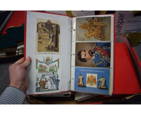 45 x albums of military thematic postcards &amp; photographs, a box off 100 or so old postcards, an early 18th century map of