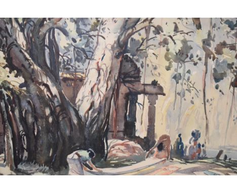 Gideon D. Paulraj, 1914 - 1979. Watercolour, 'Dhobi's drying their washing' Indian School. Born in Kodaikanal in Southern Ind