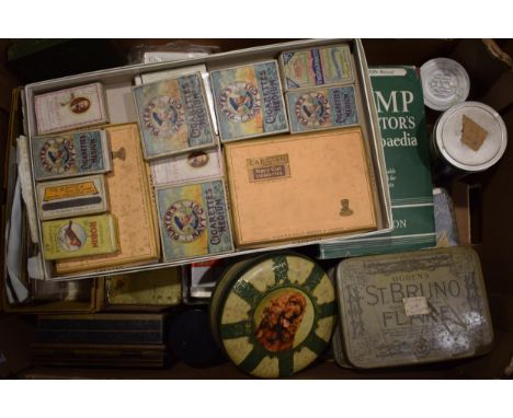 A good collection of vintage stamps, cigarette cards, cigarette packets, tins and other ephemera. (Qty)  In mixed vintage and