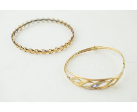 9ct gold sapphire &amp; white stone bangle, broken with wire core, and a bangle of foreign origin with indistinct hallmark, 1