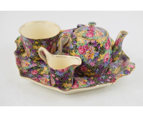 Royal Winton Grimwades, "Hazel" tea for one. with toast rack, cream, tea cup and tea pot. (5)  Presents well although damage 
