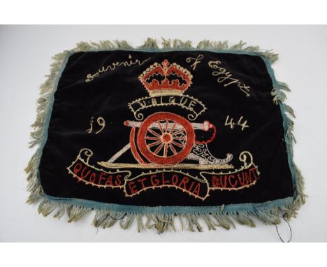 A velvet pillow case 'Souvenir of Egypt' 1944 Royal Artillery Regiment. Hand-embroidered design to front with blue piping to 