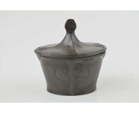 Art Nouveaux lidded pewter pot by "Kayserzinn" 4402. Stylised floral design repeated on lid. Height 10.5cm.  In good original