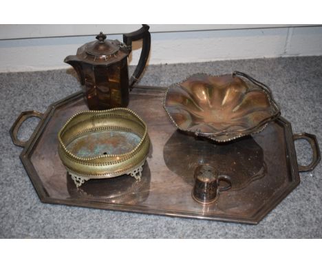 A collection of silver-plated items to include a large Art Deco tray together with a teapot and three other items. (5)  Gener