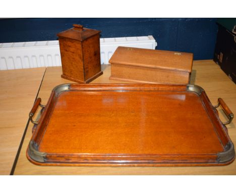 A two handled tray in light oak together with two boxes. (3)  In good original condition. One handle on the tray slightly out