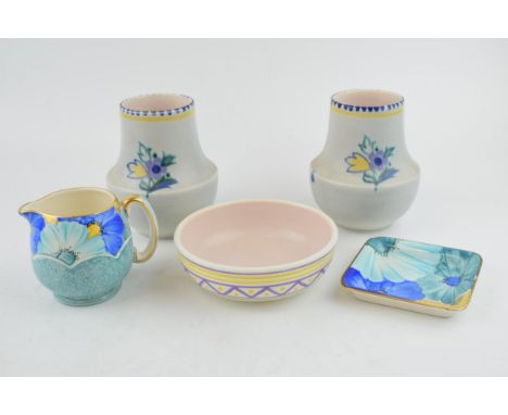 A collection of Poole Pottery squat vases and geometric design bowl together with Grays Pottery hand-painted jug and pin tray