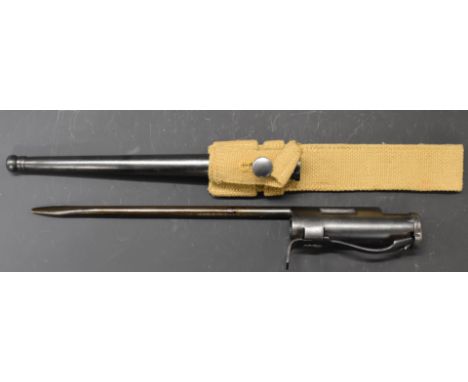 British Sten machine carbine bayonet with top leaf spring, 20cm blade, scabbard and frog. PLEASE NOTE ALL BLADED ITEMS ARE SU