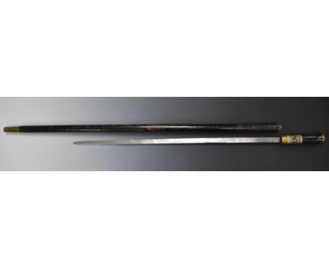 Swordstick with inlaid bone handle, brass lion head pommel and India to 59cm blade. PLEASE NOTE ALL BLADED ITEMS ARE SUBJECT 