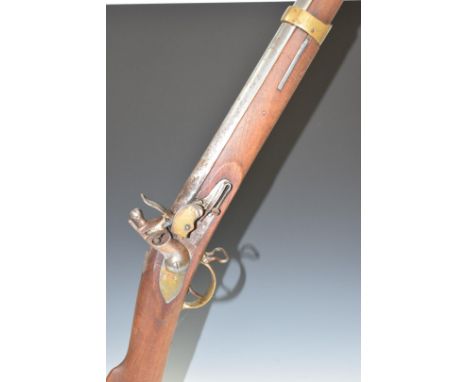Prussian Polsdam pattern .75 flintlock hammer action gun with 'Polsdam GS' stamped to the lock, brass trigger guard, butt pla