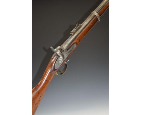 Enfield pattern three band 16 bore percussion hammer action gun with lock stamped with crown over 'VR' cypher and '1864 Tower