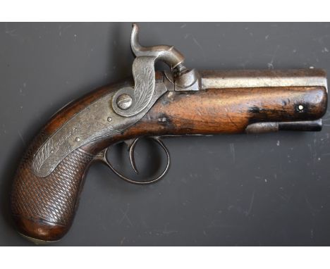 Percussion hammer action overcoat pistol with engraved lock marked Holland, engraved hammer, German silver butt cap, wooden r