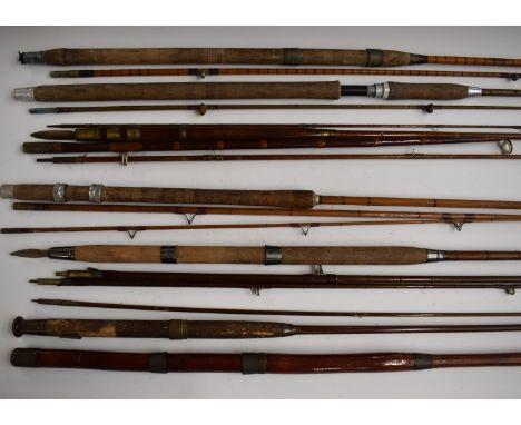 Collection of vintage cane/split cane fishing rods including Hardy, Sealey Octopus and Harry Powell in wooden travel box