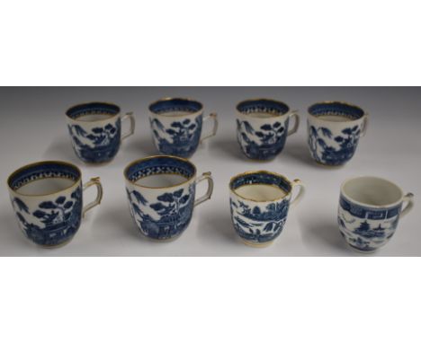 A collection of 18th/19thC porcelain blue and white tea and coffee cups including Worcester, Caughley, Chinese etc