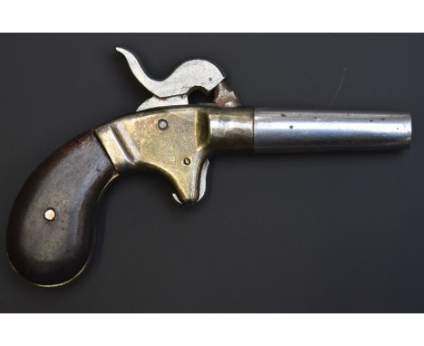 Unnamed percussion hammer action bank firing or cap pistol with brass frame, shaped wooden grips and 2 inch turn off barrel, 