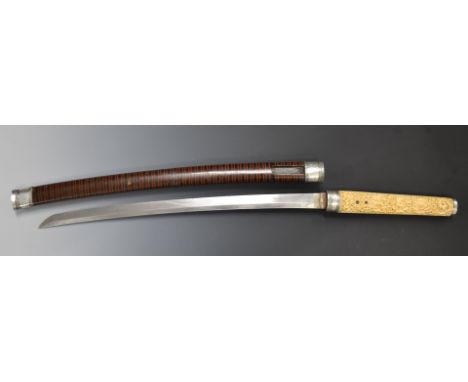 Japanese Samurai sword with ornately carved ivory handle, 54cm curved blade and scabbard. PLEASE NOTE ALL BLADED ITEMS ARE SU